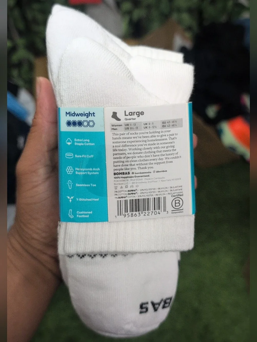 Bombas White Crew Socks Black Honeycomb Accent - Men Size 9.5-13/ W 11-13 4pk